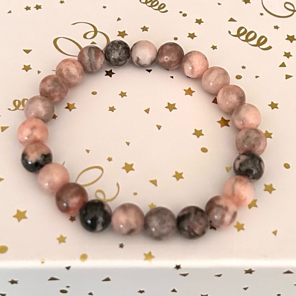 Natural Crystal Pink Zebra 8mm Gemstone Stretch Bracelet 7” - Picture 3 of 4